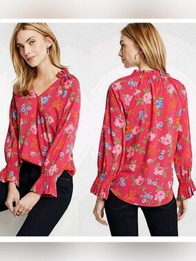 Ann Taylor Floral V-Neck Long-Sleeve Blouse - Hot Pink